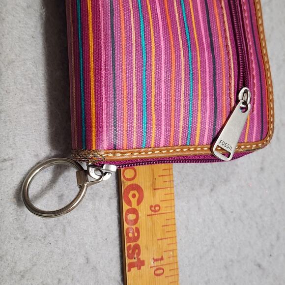 FOSSIL Keyper Clutch Wallet Pink-Purple Stripe 3 Pocket Zip Around Closure Disc - Picture 9 of 14